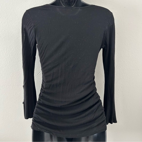 Y2K Vizio Black Cowl Neck Split Rhinestone Flare Sleeve Top Size S Going Out VTG - Picture 6 of 8